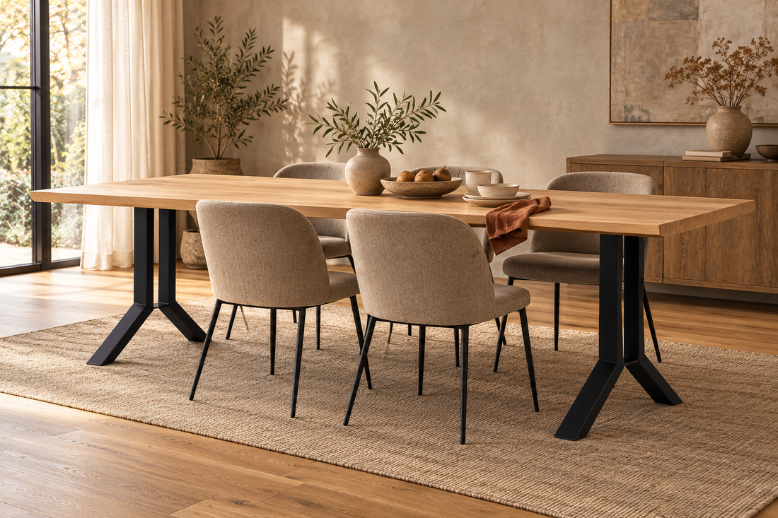 Warme herfsteethoek met houten tafel en zwarte Split tafelpoten