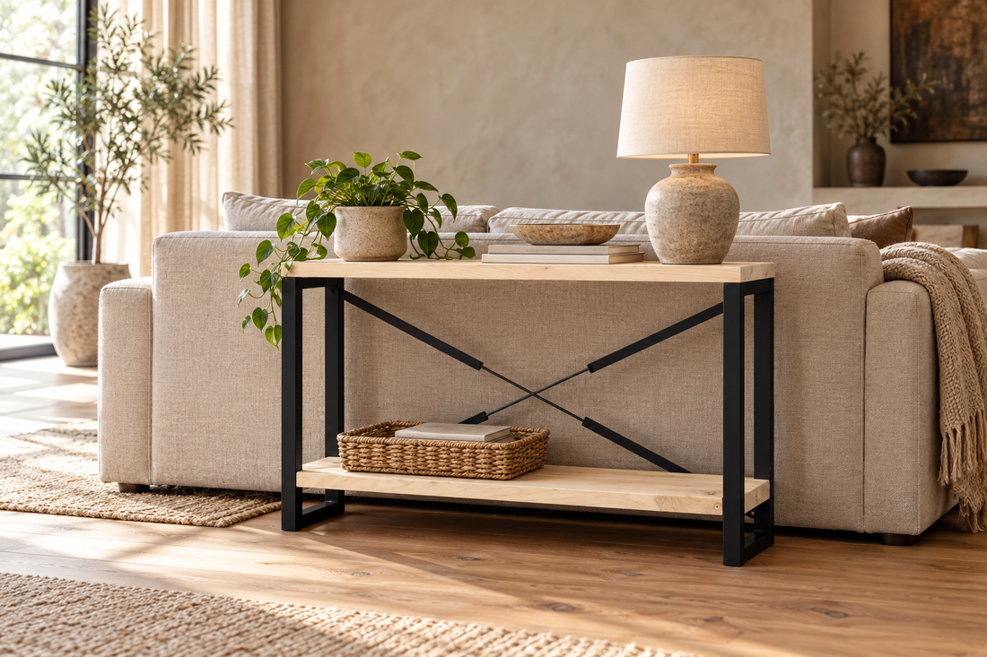 Sidetable met zwart stalen kastframe achter een beige bank