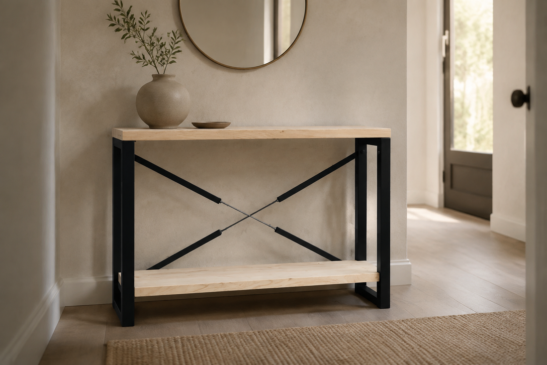 Sidetable met zwart stalen frame en houten planken in een warme smalle hal