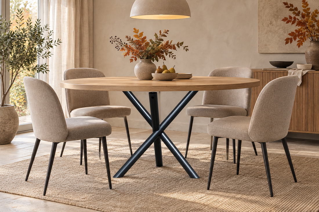 Ronde eettafel met zwarte Mikado-poot in een warm interieur