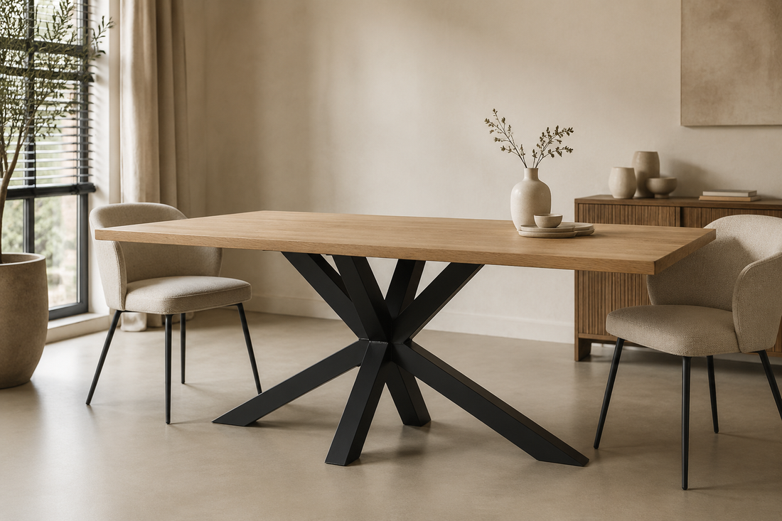 Zwarte stalen Matrix tafelpoot onder een houten eettafel
