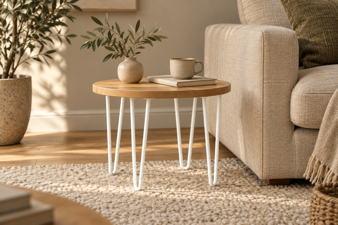 Zelfgemaakte ronde bijzettafel met witte hairpin poten in een warme woonkamer