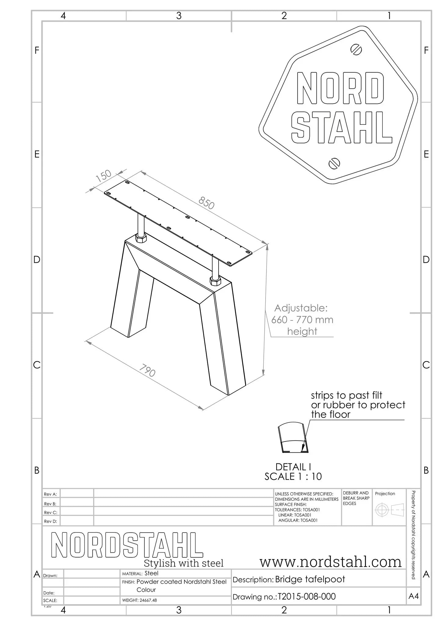 Technische tekening van Nordstahl Bridge leg tafelpoot