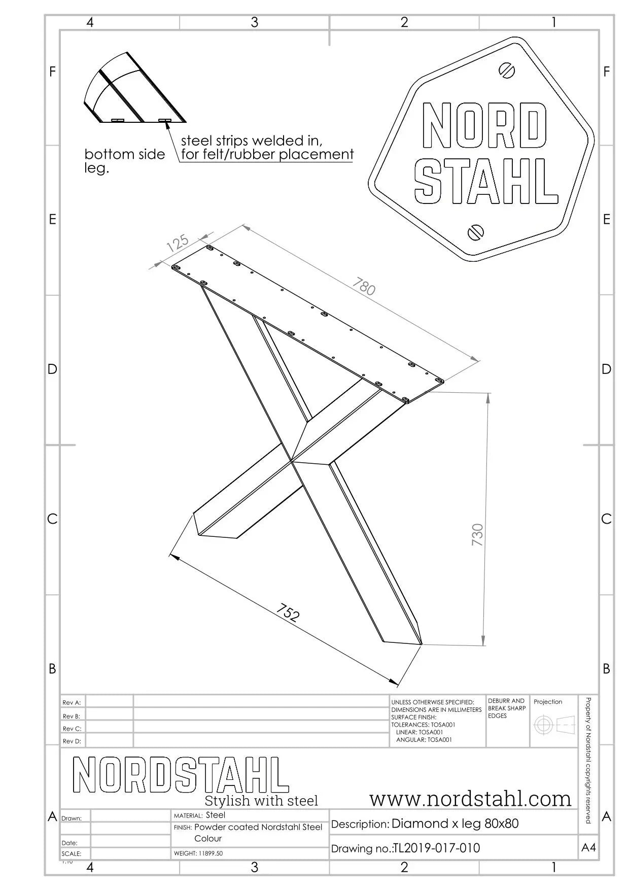 Technische tekening van Nordstahl Diamond X leg
