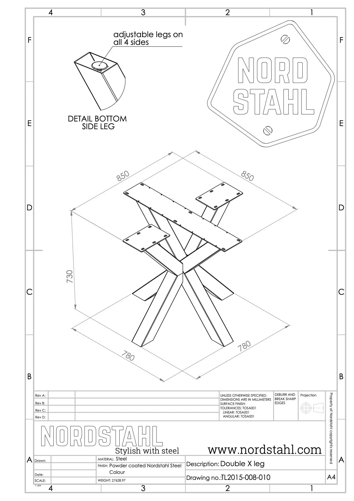 Technische tekening van Nordstahl Double X leg tafelpoot