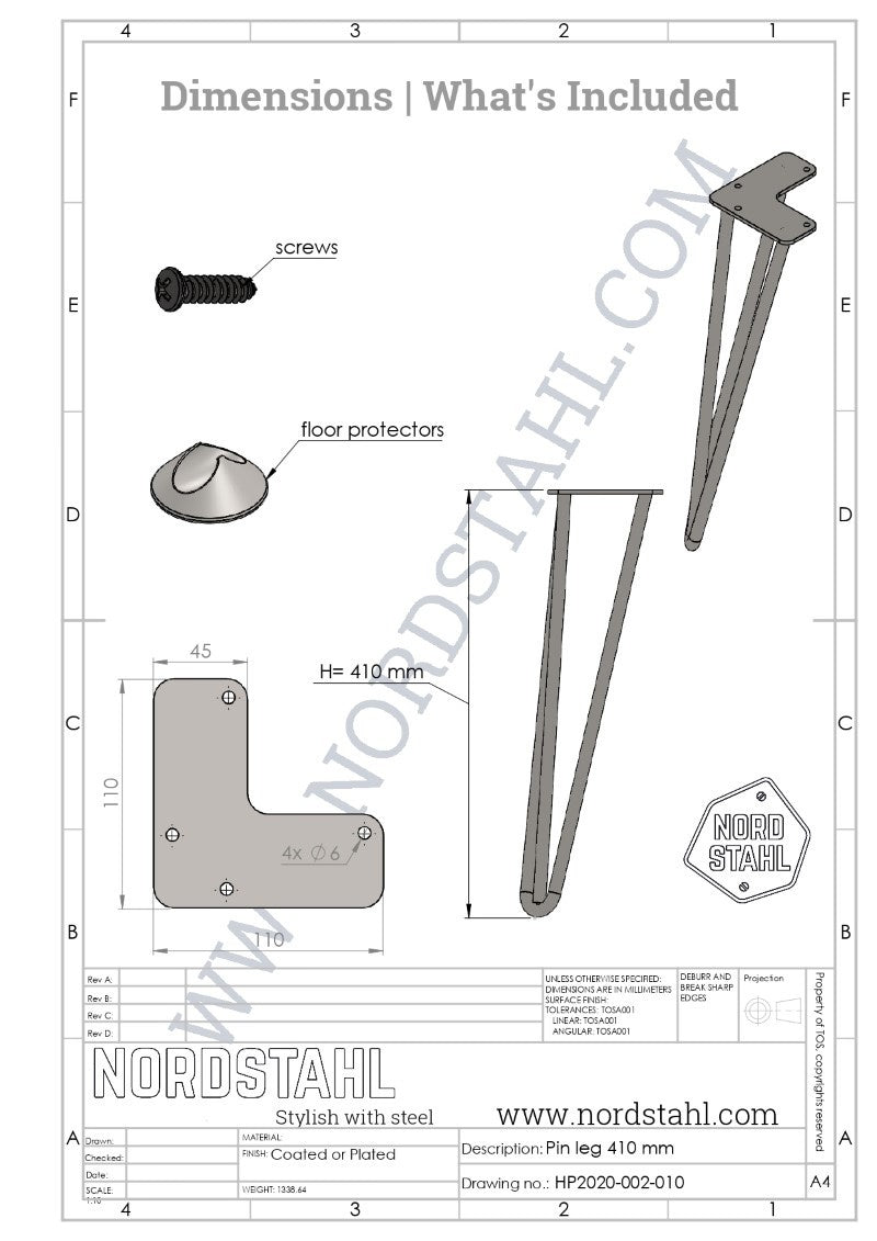 Technische tekening van Nordstahl Hairpin bankpoten zwart