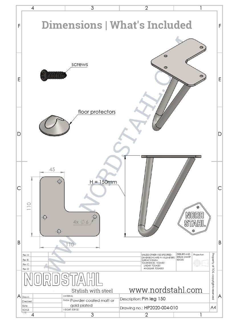 Technische tekening van Nordstahl Hairpin meubelpoot wit