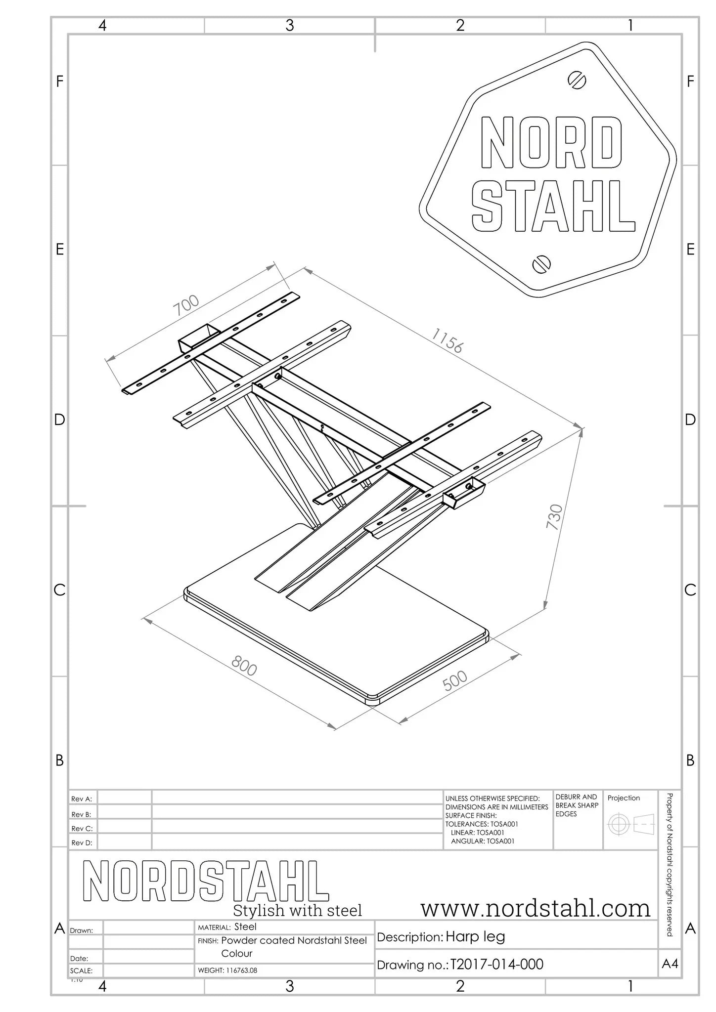 Technische tekening van Nordstahl Harp leg