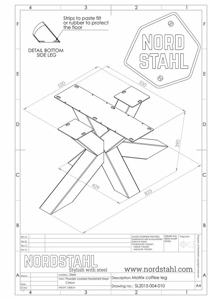 Technische tekening van Nordstahl Matrix coffee leg tafelpoot