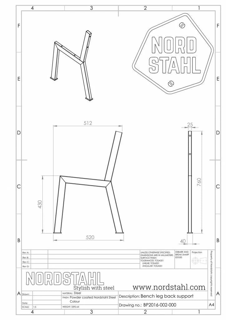 Technische tekening van Nordstahl N benchleg bankpoot