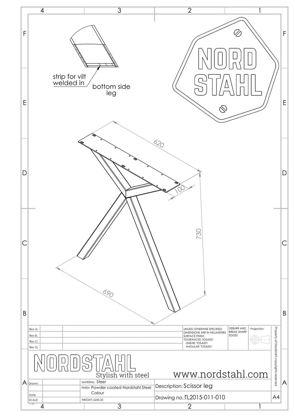 Technische tekening van Nordstahl Scissor leg tafelpoot
