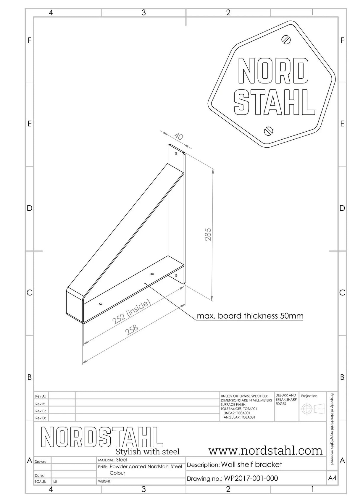 Technische tekening van Nordstahl Shelf Brackets wandplankdrager