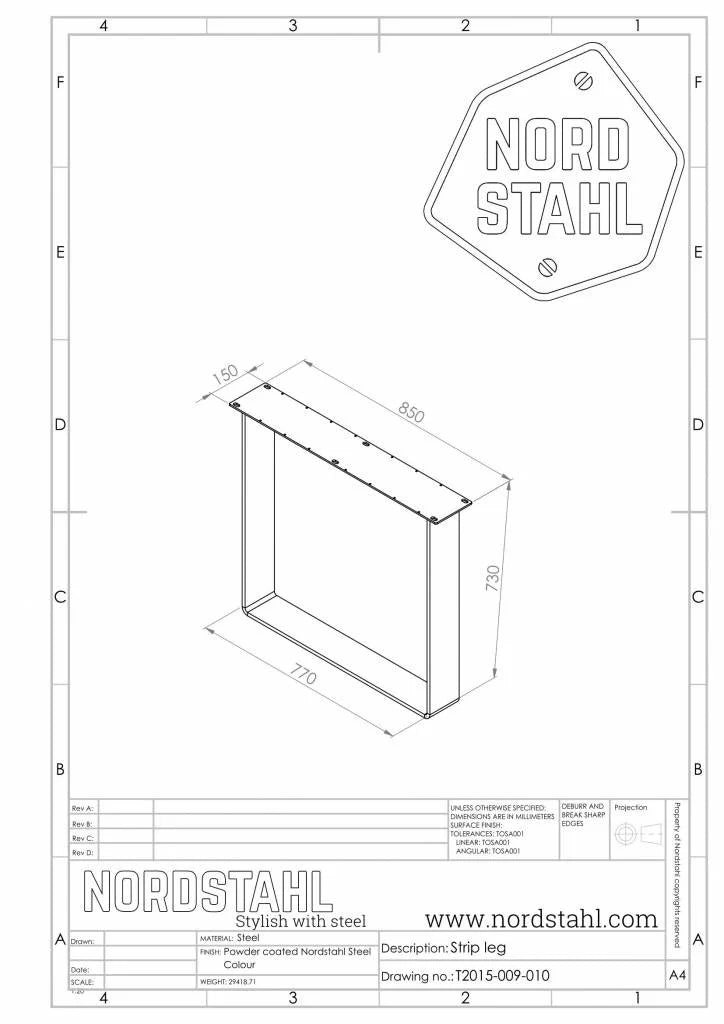 Technische tekening van Nordstahl Strip leg tafelpoot