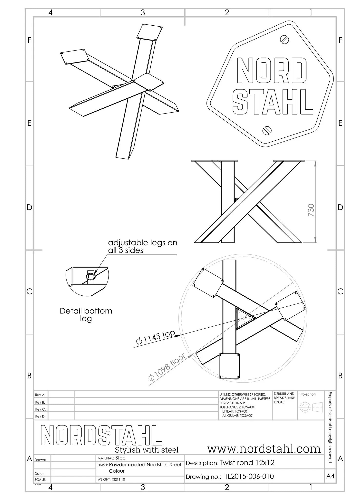Technische tekening van Nordstahl Twist Circle leg heavy tafelpoot