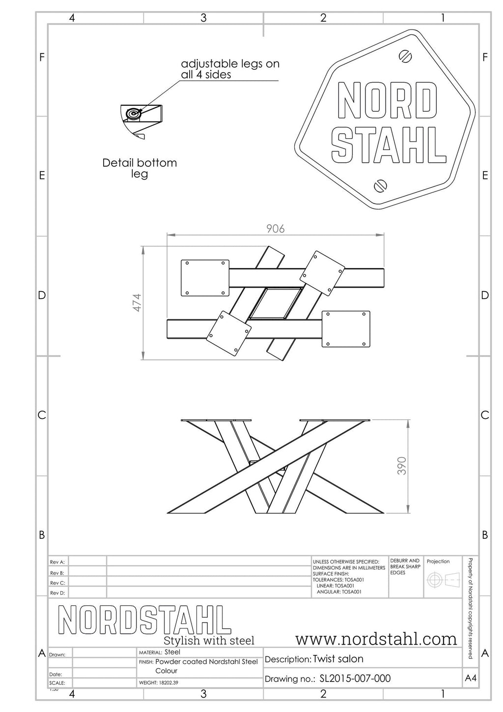 Technische tekening van Nordstahl Twist coffee leg