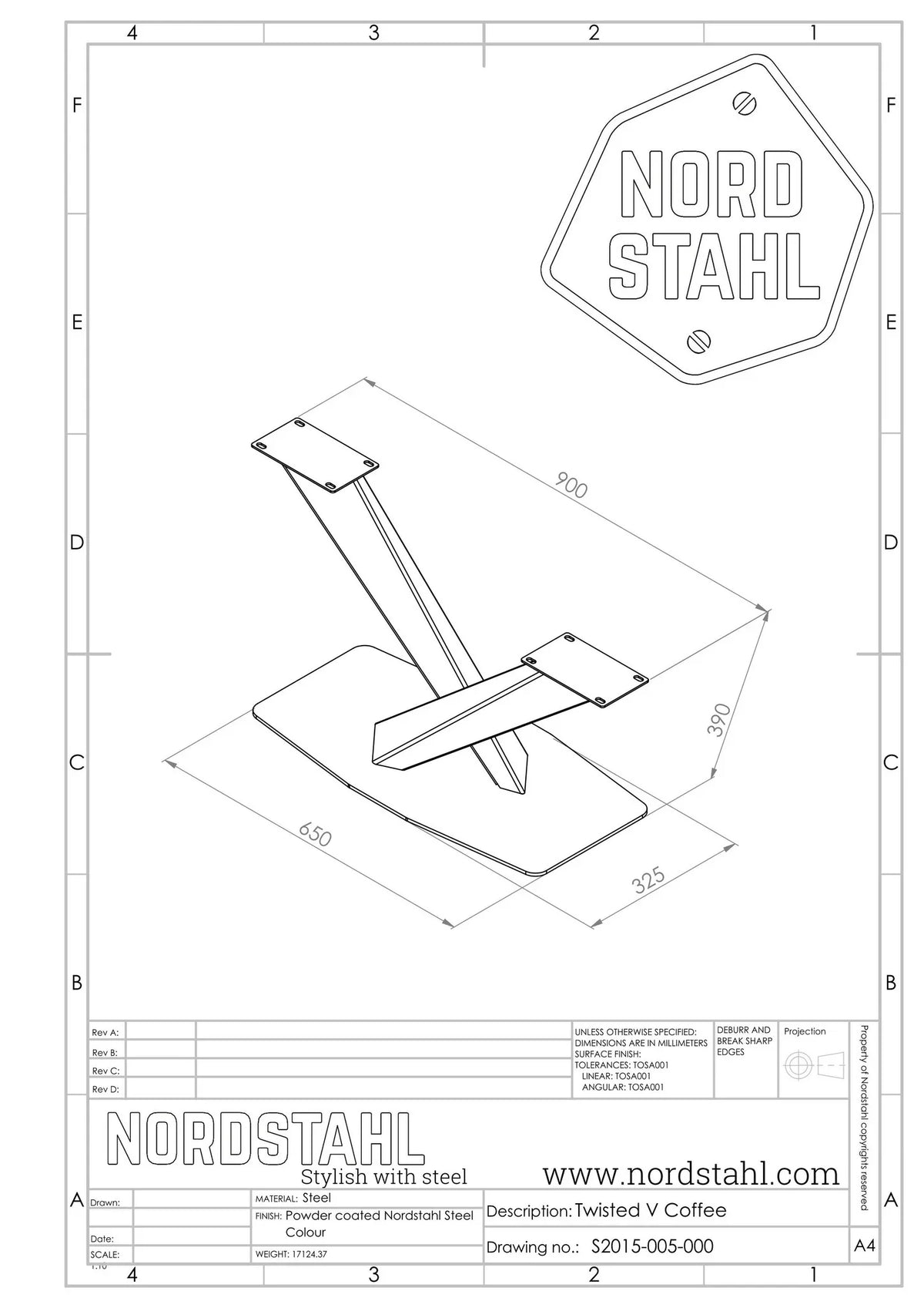 Technische tekening van Nordstahl Twisted V coffee leg tafelpoot