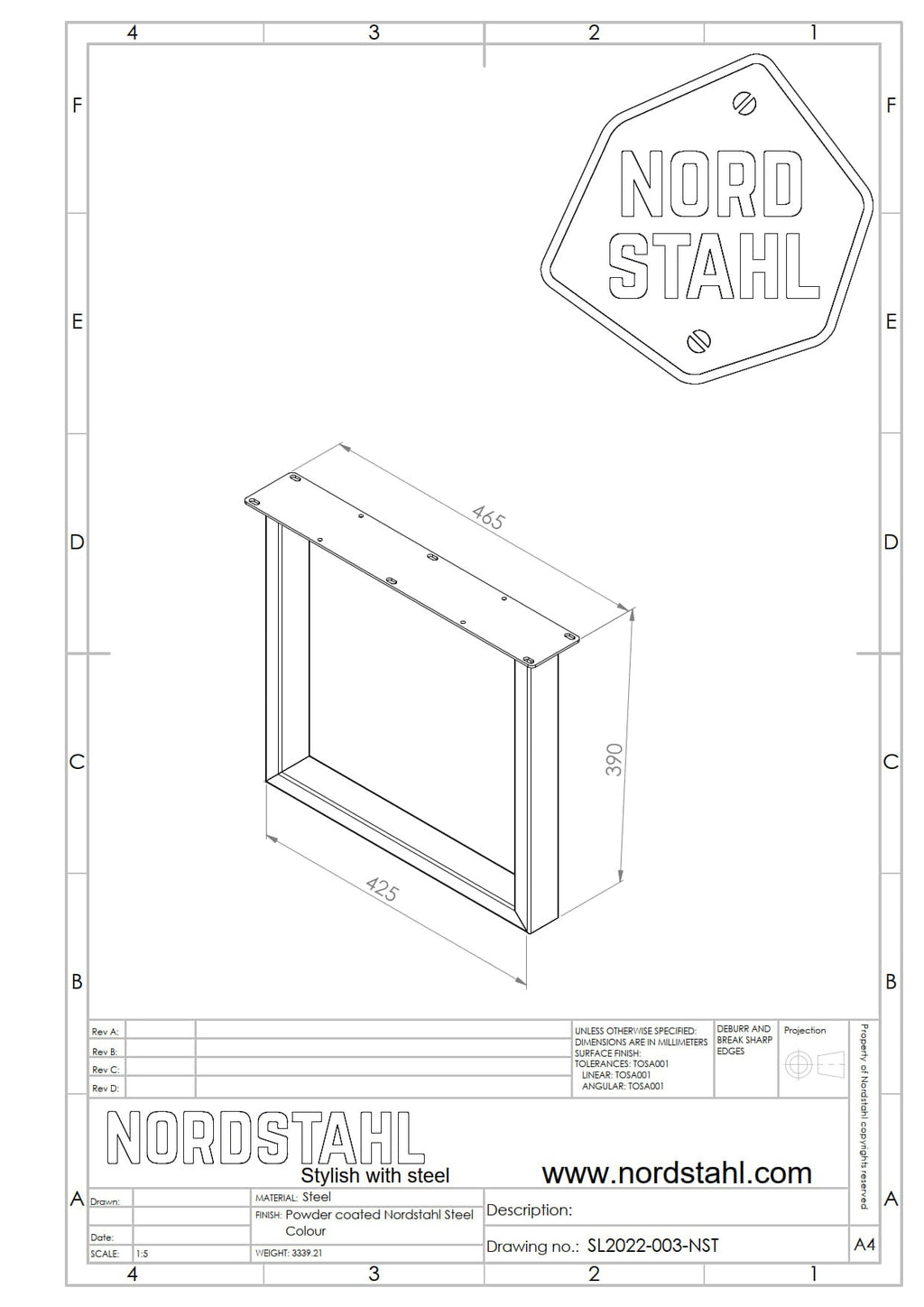 Technische tekening van Nordstahl U coffee small salontafelpoot