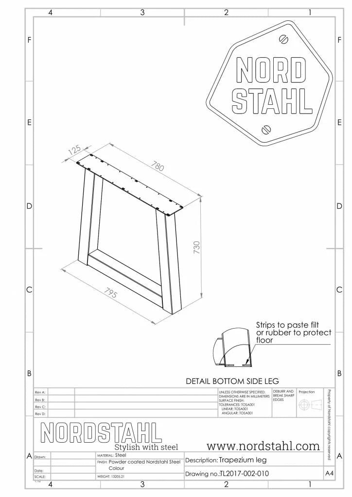 Technische tekening van Nordstahl U leg light tafelpoot