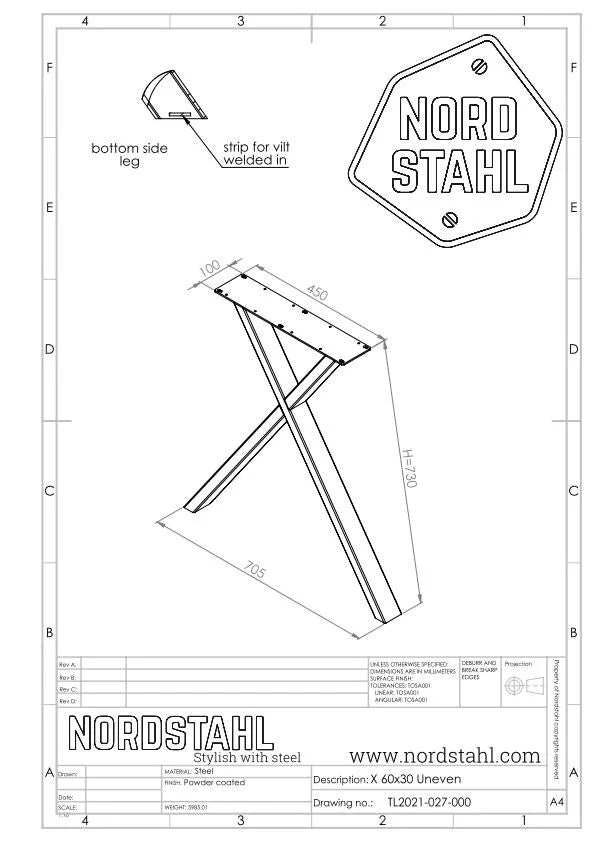 Technische tekening van Nordstahl X leg small uneven tafelpoot