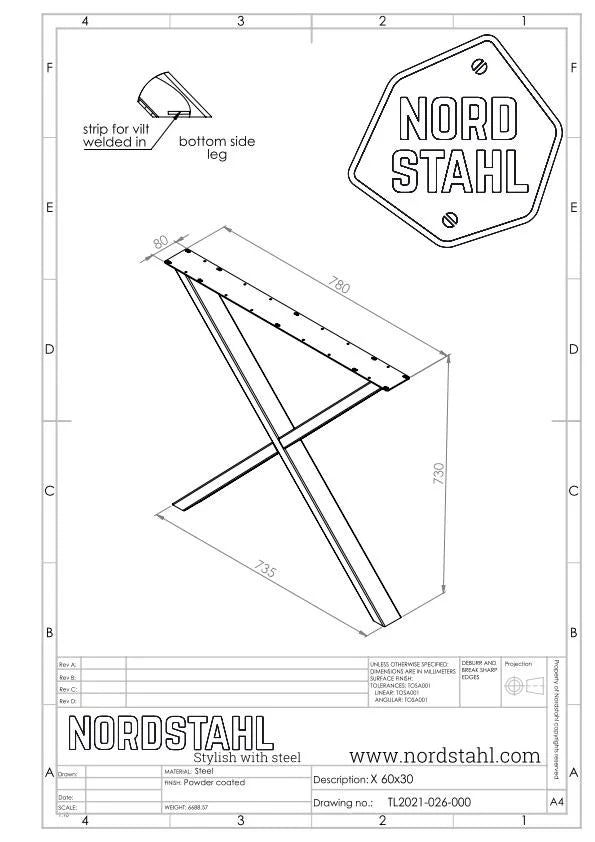 Technische tekening van Nordstahl X leg tafelpoot