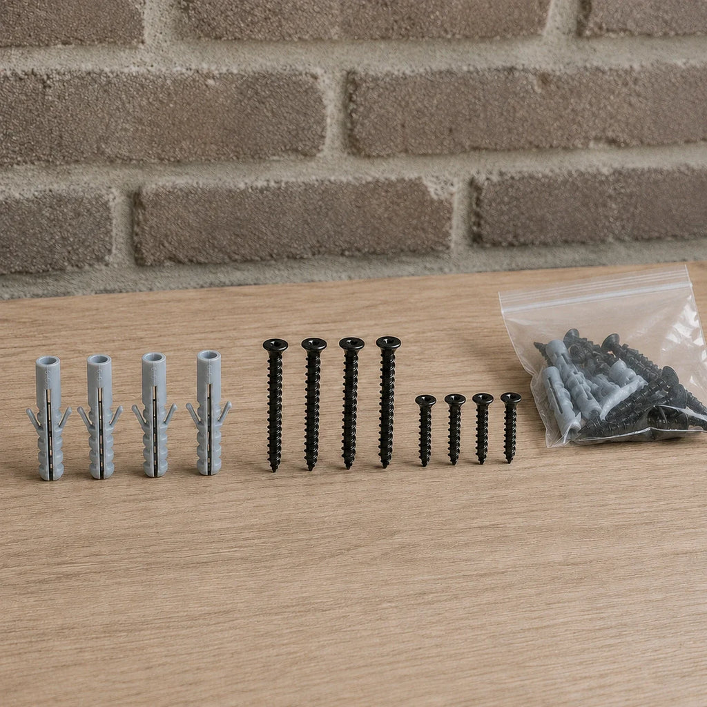 Set zwarte stalen plankdragers L met bevestigingsmateriaal